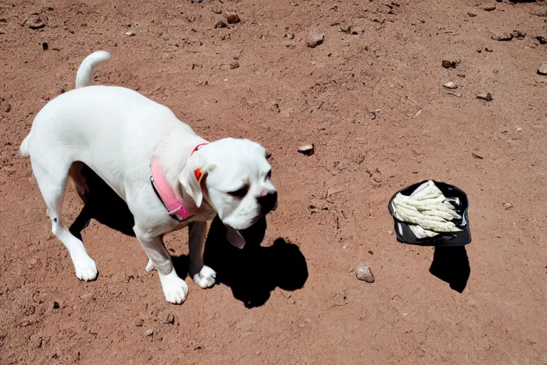 Prompt: a close - up of a white labrador dog camouflaging in a desert