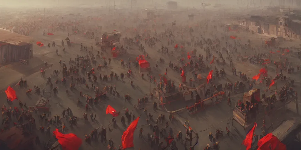 Image similar to Workers struggle against the bourgeoisie, workers revolution, red flags, Greg Rutkowski, Simon Stalenhag, Wasim Kashin digital art, trending on artstation, cinematic