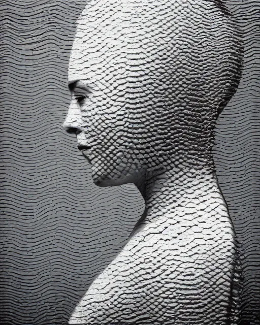 Image similar to a woman's face in profile, made of fish scales, in the style of the dutch masters and gregory crewdson, dark and moody