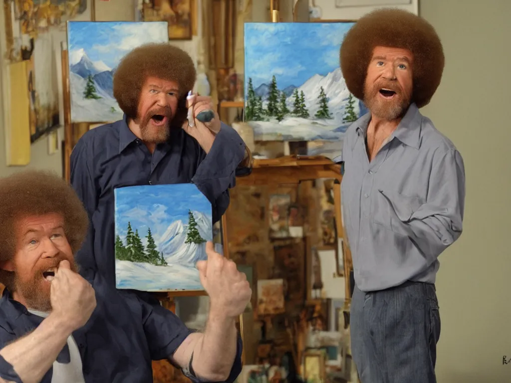 Image similar to bob ross is sad and yelling at a painting by bob ross