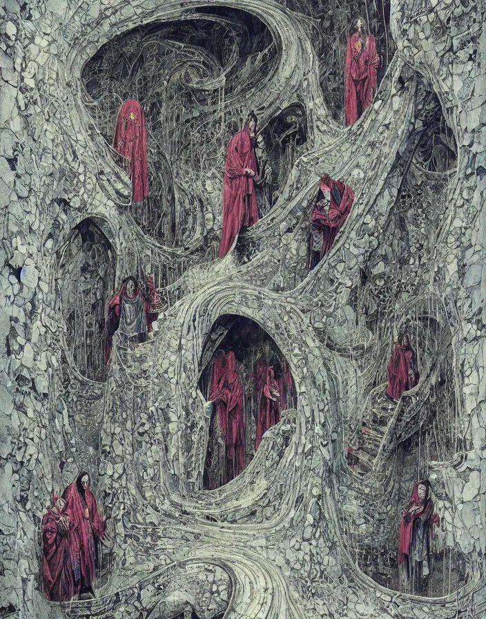 Image similar to worshippers in robes ascend a spiral staircase, spiral staircase, interior, high detailed beksinski painting, part by adrian ghenie and gerhard richter. art by takato yamamoto. masterpiece, deep colours