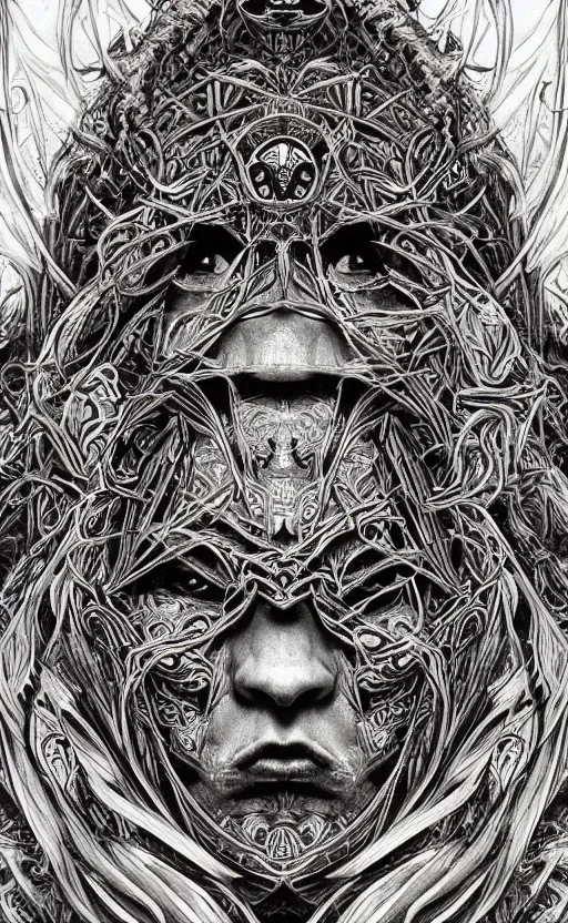 Image similar to Elder Ring themed painting of ancient hybrid majestic aztec shaman fantasy cyber human beautiful symmetrical face angry mask closeup face mask tattoo pattern golden ratio concept, deep forest psytrance Neo-Gothic concept, infinity glyph waves, intricate artwork masterpiece, very coherent artwork, cinematic, full frontal facial features by Artgerm, Takato Yamamoto, Zdizslaw Beksinski, Johnatan Wayshak, Moebius, H.R. Giger, Ayami Kojima, very coherent artwork, trending on cgsociety, ultra high quality model, production quality cinema model, high detail chromatic ink outline, octane render, unreal engine, 8k mandelbulber fractal, hyper realism, high detail, octane render, unreal engine, 8k, High contrast