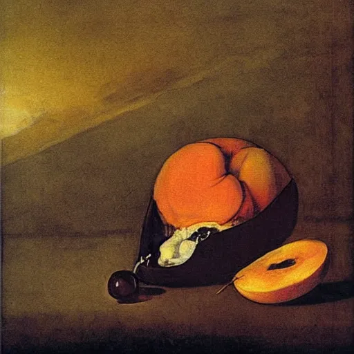 Image similar to saturn devouring a peach painting by francisco goya