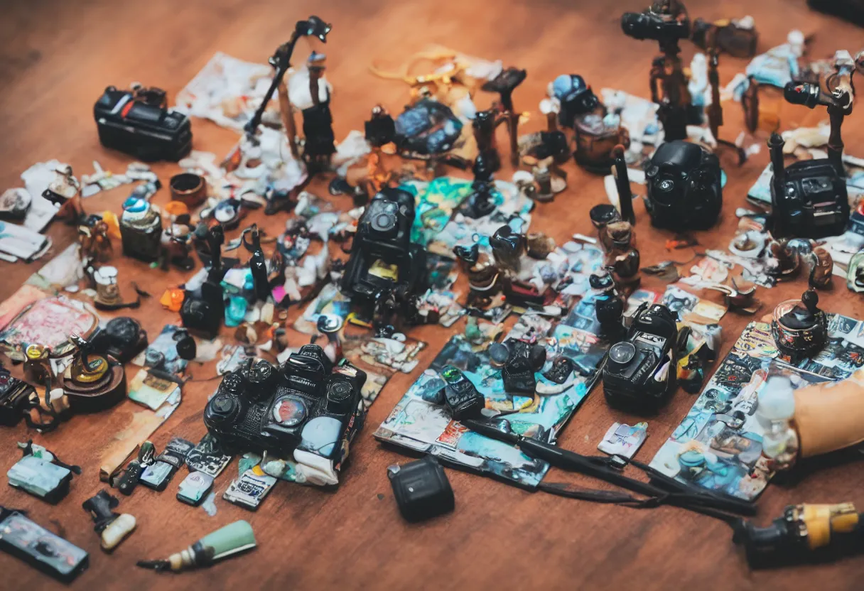 Image similar to wide dslr photo still of an occult toy on a table cluttered with drug paraphernalia