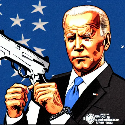 Image similar to illustration gta 5 artwork of joe biden holding a gun, in the style of gta cover art, by stephen bliss