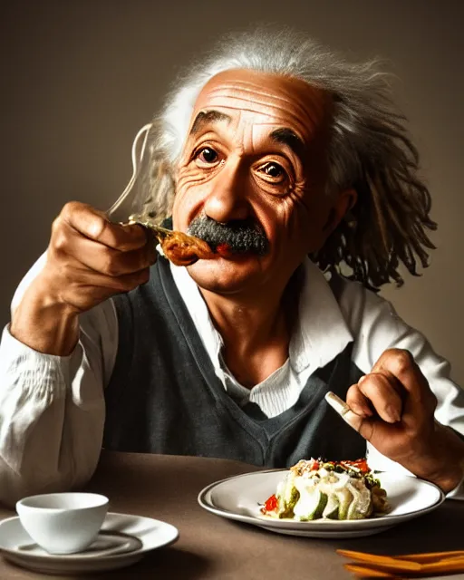 Image similar to a portrait of albert einstein sitting at the dining table with a plate containing manchurian in front of him, highly detailed, trending on artstation, bokeh, 9 0 mm, f / 1. 4