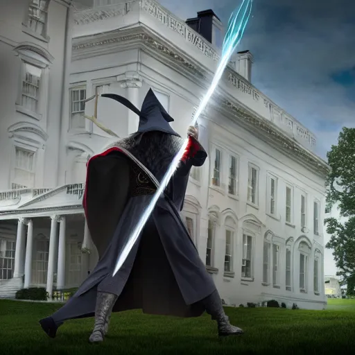 Image similar to gandalf attacks the white house, realistic extremely detailed photo style painting, granular detail, holographic krypton ion, octane render, 4 k, f 3 2, 5 5 mm photography, wide angle