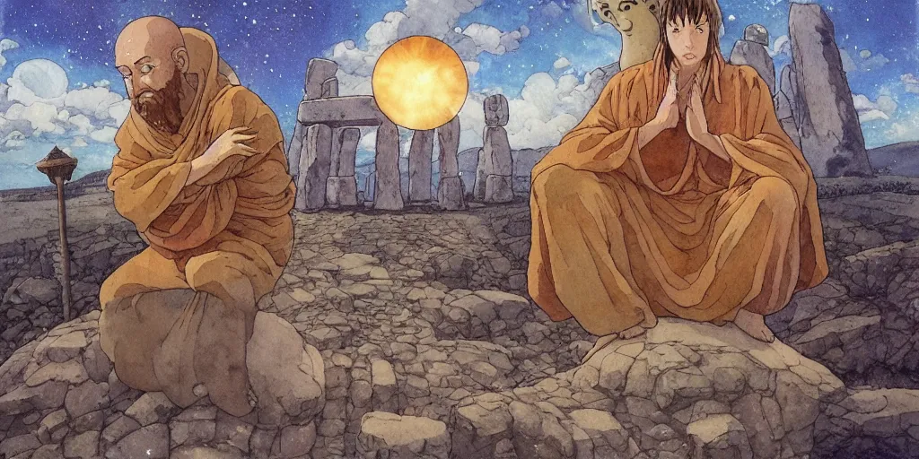 Image similar to a hyperrealist studio ghibli watercolor fantasy concept art of a giant medieval monk in lotus position and a small grey alien in stonehenge with a starry sky in the background. a giant gold ufo is floating in the air. by rebecca guay, michael kaluta, charles vess