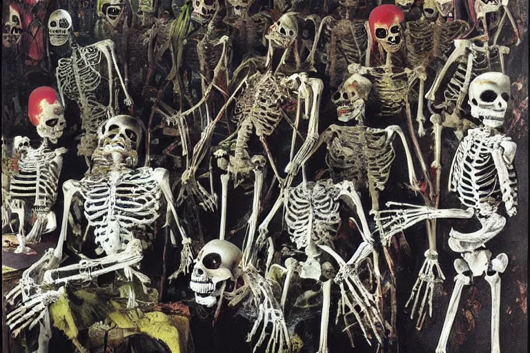 Prompt: scene from apocalypse now, day of the dead, cyber skeleton, neon painting by otto dix