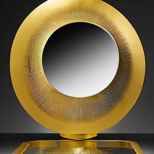 Image similar to gold sink designed by zaha hadid, atop a black onyx stand. Behind it is a gold sunburst mirror.
