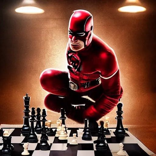 Prompt: daredevil playing chess, octane, realistic photograph, marvel