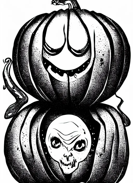 Image similar to an alien with an evil looking pumpkin head, spooky halloween theme, illustration line art style