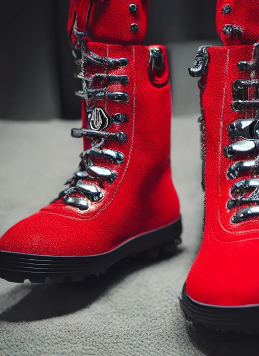 Image similar to hyperrealistic and heavy detailed moncler boots of whole lotta red by playboi carti, leica sl 2 5 0 mm, vivid color, high quality, high textured, real life