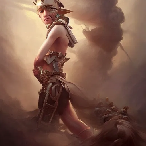 Image similar to ultra realist breathtaking detailed soft painting of non-binary warrior, dark fantasy, naval background, elegant, highly detailed, artstation, concept art, matte, sharp focus, art by Tom Bagshaw, Artgerm and Greg Rutkowski