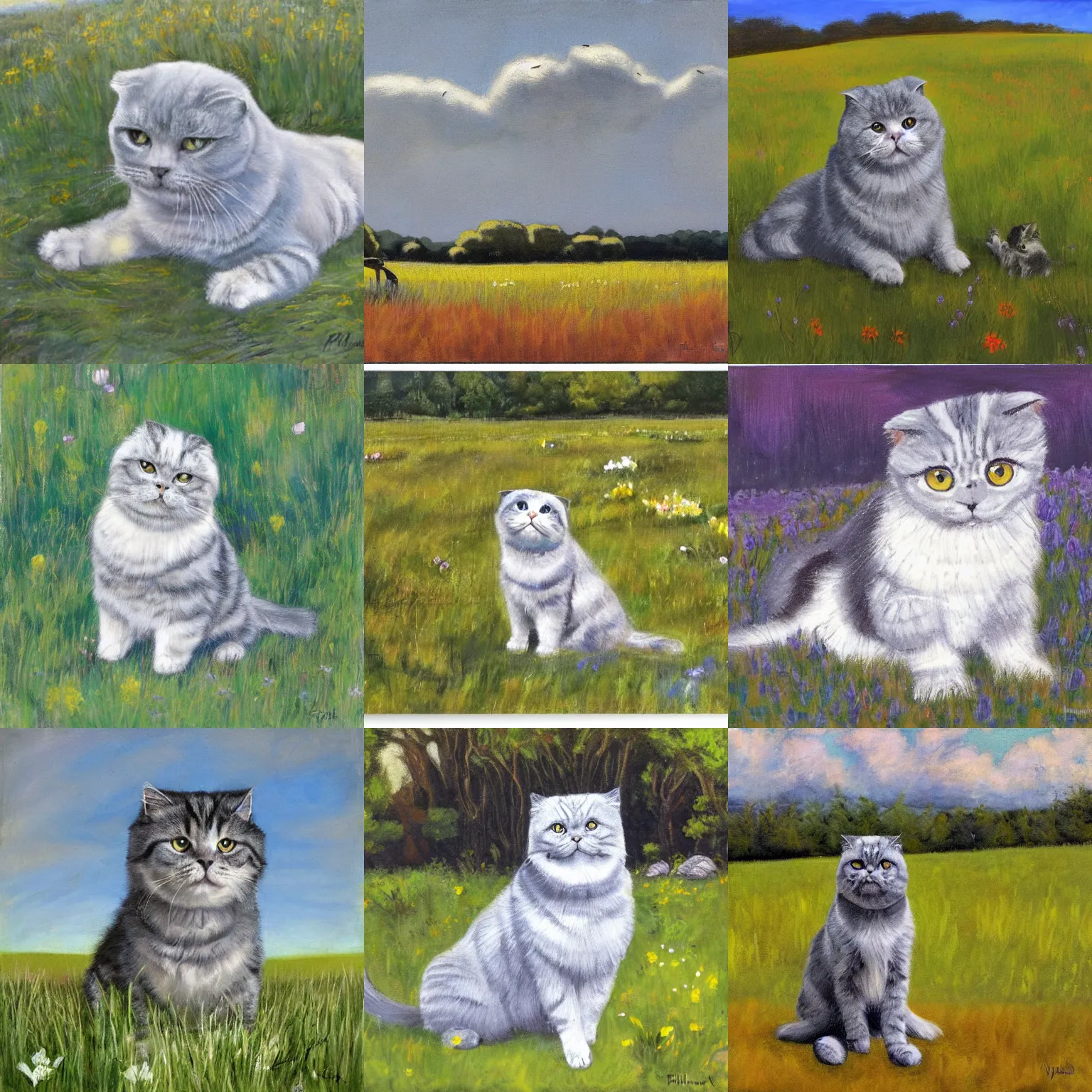 Prompt: a gray scottish fold sitting in the middle of sunny meadow, by philip evergood
