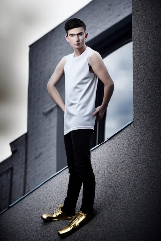 Image similar to un ultra high definition studio quality photographic art portrait of a young man standing on the rooftop of a british apartment building wearing soft padded silver pearlescent clothing. three point light. extremely detailed. golden ratio, ray tracing, volumetric light, shallow depth of field. set dressed.