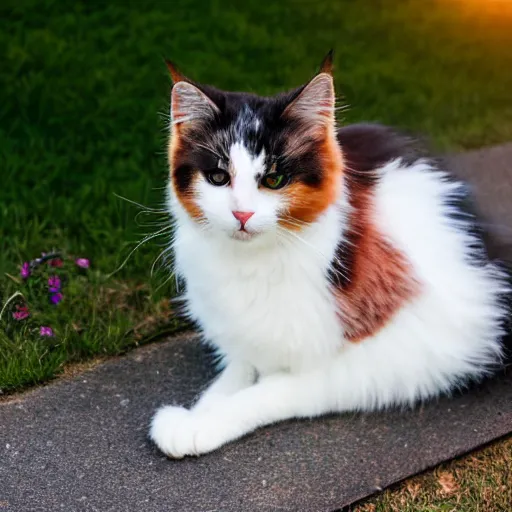 Prompt: a fluffy cute calico cat sitting on the corner of a front yard outside in the late afternoon on a beautiful summer day, sunset