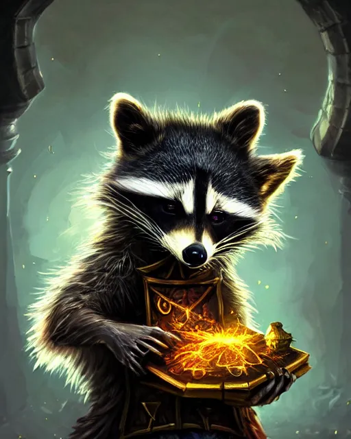 Image similar to closeup 2 8 mm anthropomorphic warlock raccoon casting a spell in a castle, d & d, fantasy, intricate, action pose, particle effects, highly detailed, digital painting, artstation, concept art, matte, sharp focus, volumetric lighting, illustration, hearthstone, art by artgerm, wlop, craig mullins, alphonse mucha