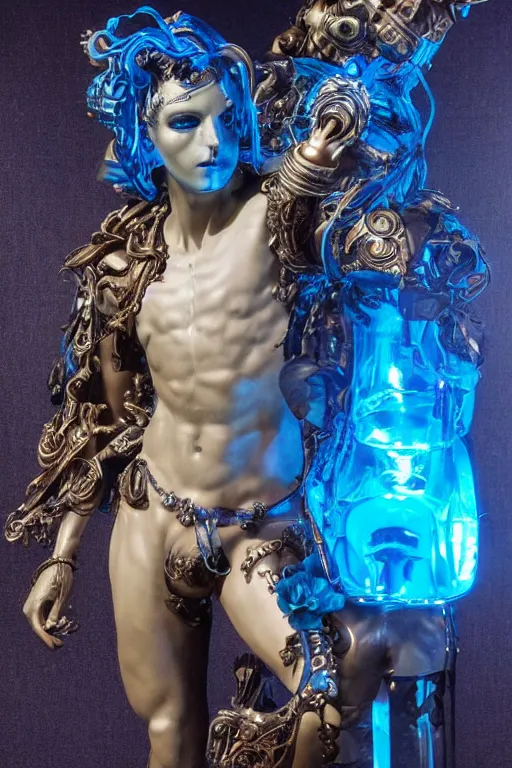 Image similar to a young handsome Spanish metal android with a large glowing blue lit crystal in the center of his chest, full-body bronze cyberpunk style statue of Icarus with glowing blue eyes, crown of mechanical peach roses, flowing teal-colored silk, fabric, steampunk flowers. baroque elements, human skull. full-length view. baroque element. intricate artwork by caravaggio. many flying horses on background. Trending on artstation, octane render, cinematic lighting from the right, hyper realism, octane render, 8k, depth of field, 3D