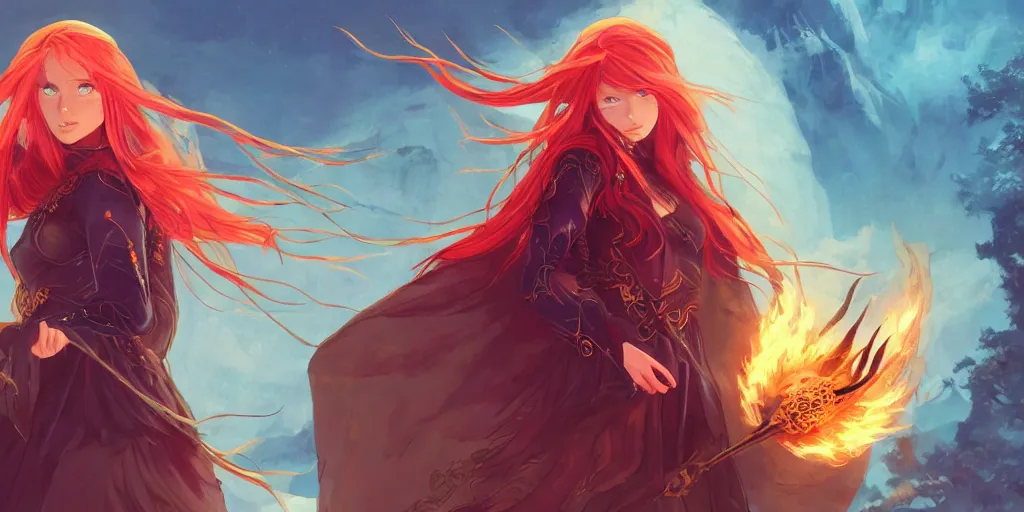 Prompt: an elven sorceress with red long hair in a very good beautiful heavy scale armor, wearing a cape, casting a fire spell, dungeon background, magical, bright, colorful, fantastic lighting, amazing details, 4 k uhd, illustration by hayao miyazaki and makoto shinkai and ilya kuvshinov, artstation, pixiv,