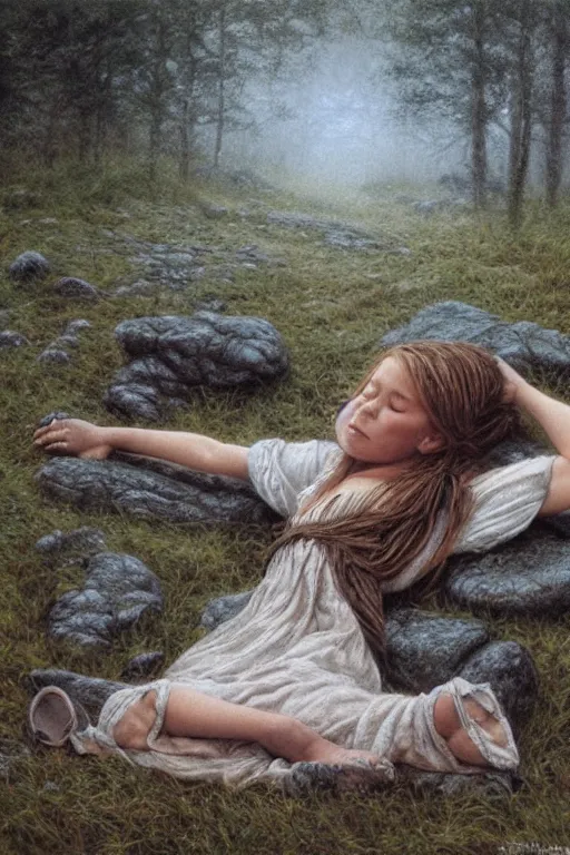 Image similar to peasant girl sleeping in a baby Pose on a stone in a foggy forest, high-key lightning, realistic, aesthetic, sad atmosphere, neutral colors, detailed illustration, oil on canvas by Steve Hanks