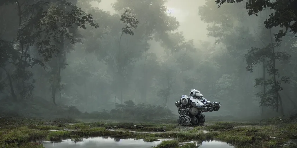 Prompt: concept art of heavy mecha trooper, trees, puddles of water, bushes and leafs, by filip hoda, beeple, greg rutkowski, octane render, cryengine, details, hyper realistic