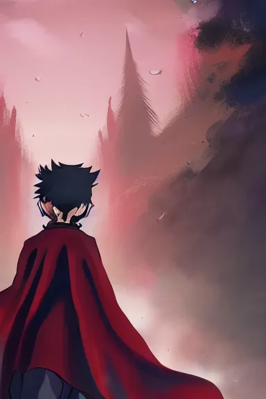 Image similar to little boy with cat ears in an black outfit with red cape. digital artwork made by lois van baarle and kentaro miura, sharpness focus, inspired by hirohiko araki, anatomically correct, heroic composition, hero pose, smooth, night city, illuminati