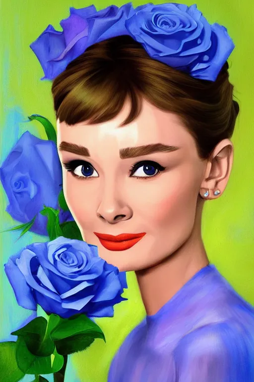 Prompt: beautiful digital painting audrey hepburn and blue roses, by Victor Nizovtsev , artstation, Behance, 4K