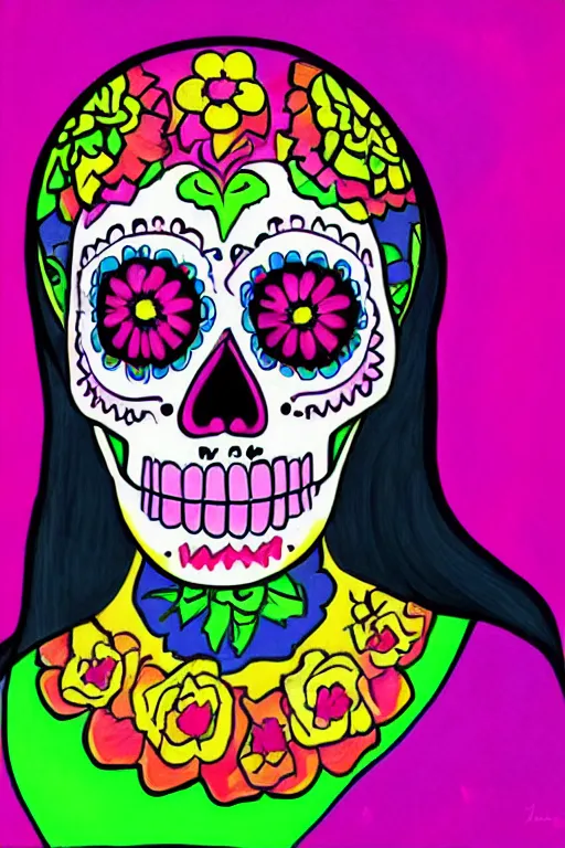 Prompt: Illustration of a sugar skull day of the dead girl, art by peter max