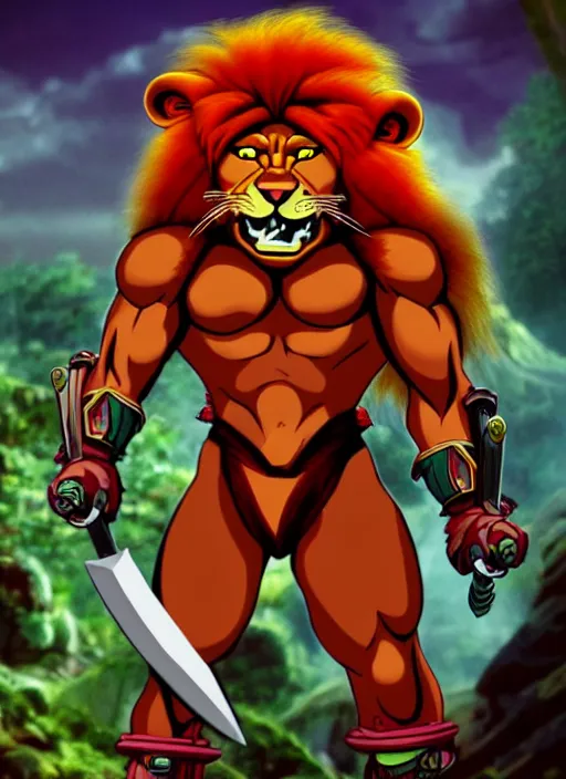 Prompt: intricate Lion-O from Thundercats, with sword, on the background of a weird magical mechanical forest. Very detailed 8k. Fantasy. Sharp. Cinematic post-processing