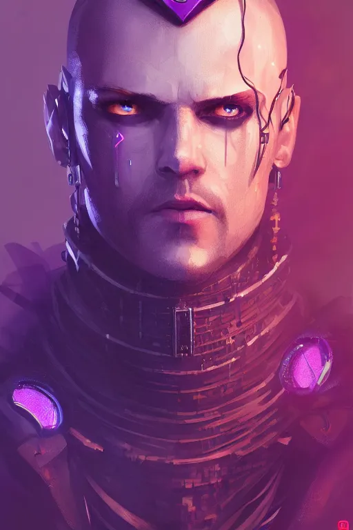 Image similar to a portrait of the cyberpunk medieval - styled king, purple eyes, high - contrast, intricate, elegant, highly detailed, digital painting, artstation, concept art, smooth, sharp focus, illustration