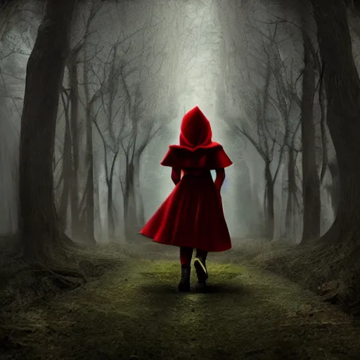 Prompt: highly detaileddigital matte painting of little red riding hood walking through a dark forest path, grimdark atmosphere, dramatic light.