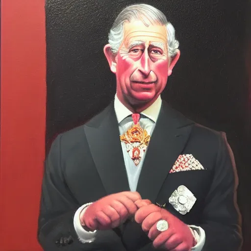 Image similar to an oil painting of prince charles with sausage fingers