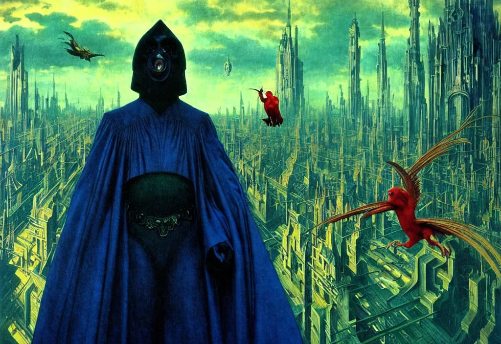 Prompt: realistic detailed portrait movie shot of a screaming birdman wearing black robes, sci fi city landscape background by denis villeneuve, amano, yves tanguy, alphonse mucha, ernst haeckel, max ernst, roger dean, masterpiece, rich moody colours, blue eyes