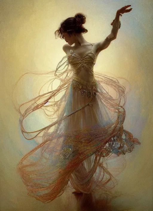 Prompt: a beautifull intricate rope painting of a dancing ballerina, reflexions, verry high details by william turner art, greg rutkowski and alphonse mucha, trending on artstation, very very detailed, masterpiece, muted colors