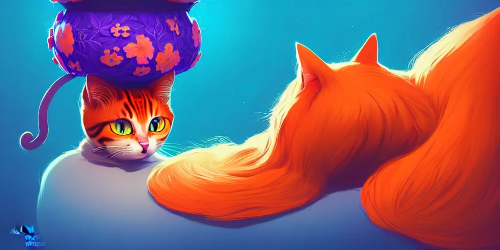 Image similar to curved perspective, extreme narrow, extreme fisheye, digital art of a female cat with ginger hairstyle with blue flower in her hair by anton fadeev from nightmare before christmas