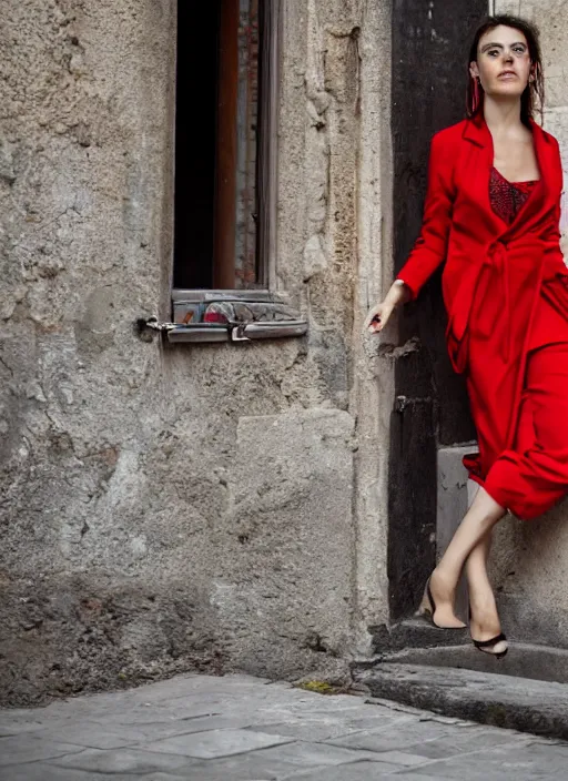 Prompt: close up portrait of beautiful Italian woman, red clothes, well-groomed model, candid street portrait award winning