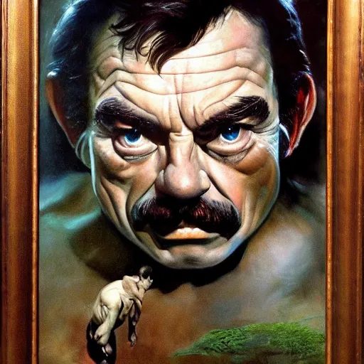 Image similar to ultra realistic portrait painting of tom selleck as gollum, art by frank frazetta, 4 k, ultra realistic, highly detailed, epic lighting