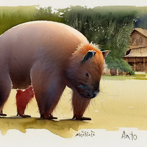 Image similar to a beautiful watercolor painting of an enormous capybara, by Antonio Guidotti, ghibli studio, hyper detailed, matte art, trending on artstation,