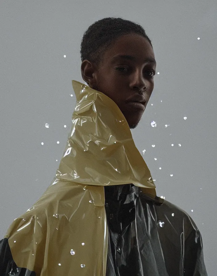 Image similar to close - up portrait of an empty slick fashionable zara raincoat floating suspended mid - air on a glittering rainy display designed by james terrell, wes anderson, symmetry, rule of thirds