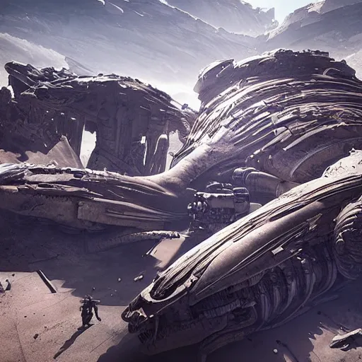 Image similar to the remains of a colossal creature lie on on a deserted planet, illustration, epic, sci - fi, hyper detailed, smooth, unreal engine 5, sharp focus, ray tracing