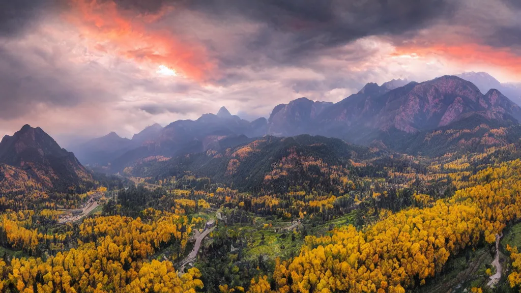 Image similar to The most beautiful panoramic landscape taken by a dron, oil painting, where the mountains are towering over the valley below their peaks shrouded in mist. The sun is just peeking over the horizon and the sky is ablaze with colors. The river is winding its way through the valley and the trees are starting to turn yellow and red, by Greg Rutkowski, aerial view