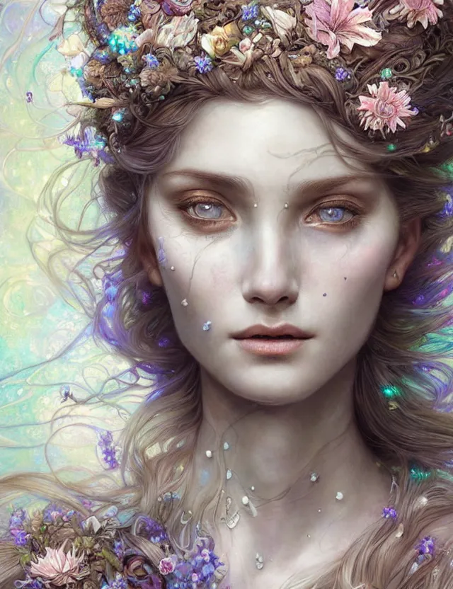 Image similar to organic goddess with flowers in hair, holographic white plastic and driftwood, fantasy, intricate, elegant, highly detailed, lifelike, photorealistic, digital painting, artstation, illustration, smooth, sharp focus, art by scott davidson, albert aublet, krenz cushart, artem demura, mucha