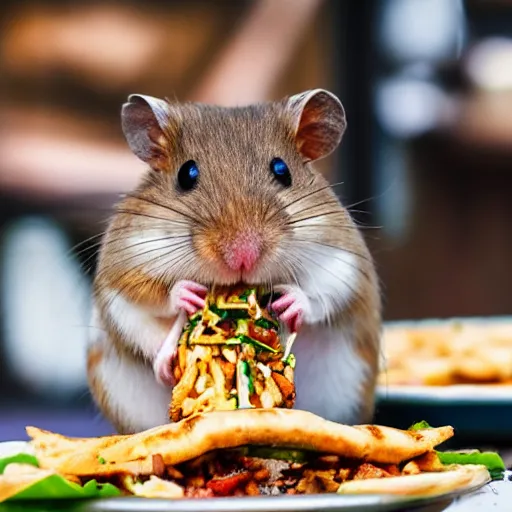 Image similar to detailed photo of a hamster eating a kebab, outdoors, various poses, full body, daylight, 8 k