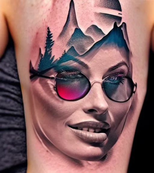 Image similar to mash up tattoo sketch of margot robbie in the shape of beautiful mountains, double exposure effect, in the style of arlo dicristina, hyper realism, amazing detail, sharp