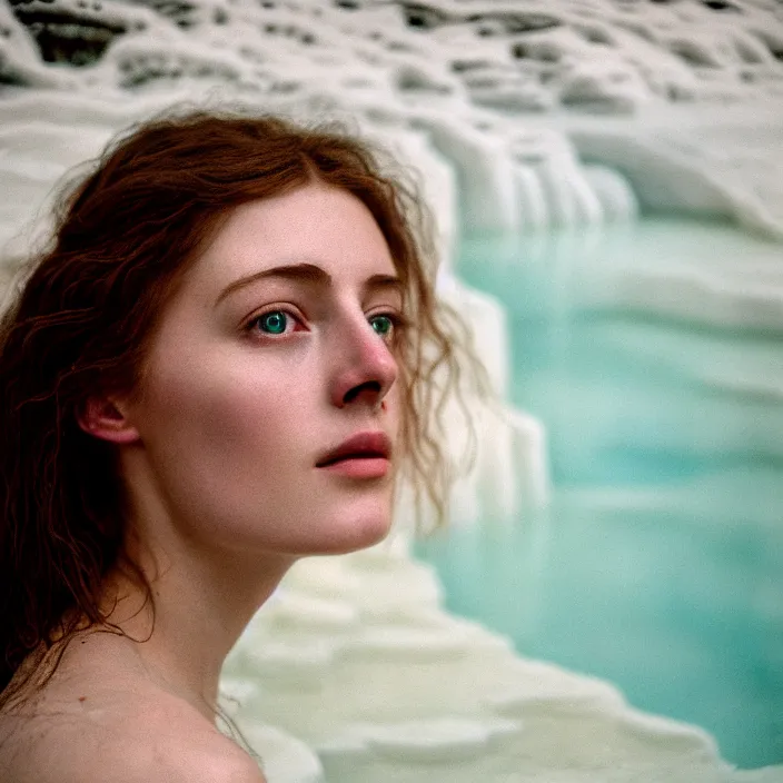 Image similar to Kodak Portra 400, 8K,ARTSTATION, CarolineGariba, soft light, volumetric lighting, highly detailed, britt marling style 3/4 ,portrait photo Close-up portrait photography of a beautiful woman how pre-Raphaelites, the face emerges from Pamukkale, thermal waters flowing down white travertine terraces, inspired by Ophelia paint ,and hair are intricate with highly detailed realistic beautiful flowers , Realistic, Refined, Highly Detailed, interstellar outdoor soft pastel lighting colors scheme, outdoor fine art photography, Hyper realistic, photo realistic