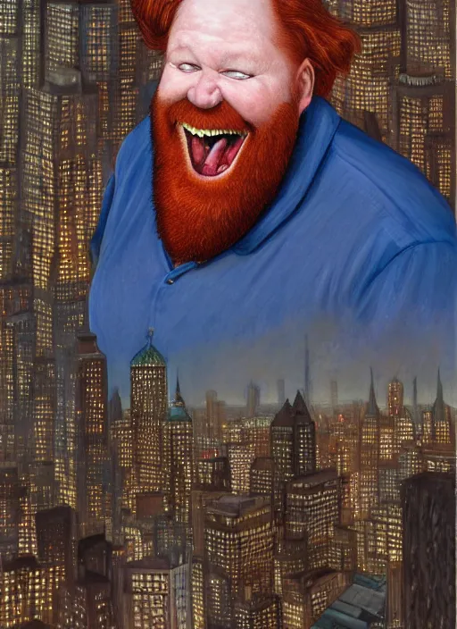 Image similar to a laughing fat redheaded man with beard talking on a cell phone manhattan skyline in the background, portrait, intricate, elegant, highly detailed, centered, digital painting, artstation, concept art, smooth, sharp focus, illustration, art by art germ and donato giancola and Joseph Christian Leyendecker