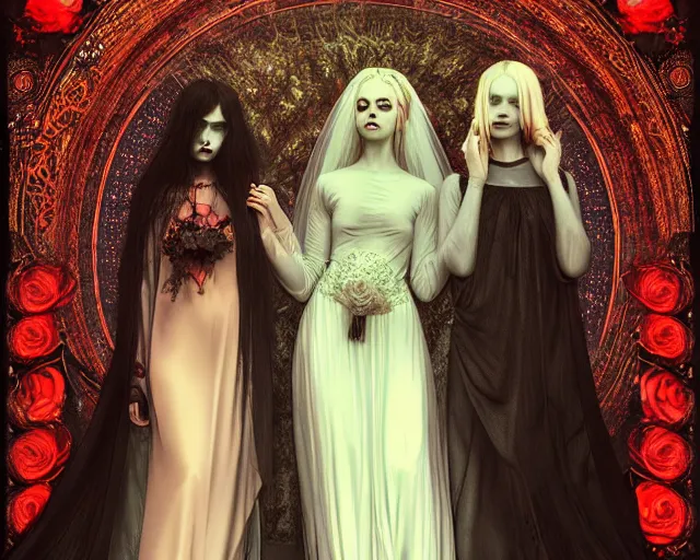 Prompt: three stunning otherworldly gothic goddesses with beautiful angelic faces, wearing psychedelic wicca, in wedding dresses, red neon roses, full body, dark and mysterious, atmospheric, ominous, eerie, cinematic light, epic, 8 k 3 d, ultra detail, ultra realistic, by giger, by wlop, by mucha