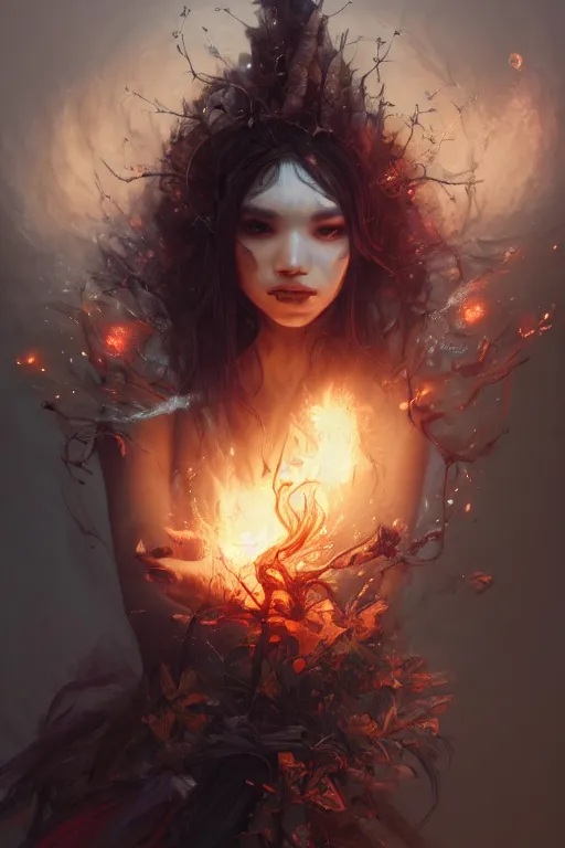 Image similar to face closeup of beautiful girl necromancer, witch - doctor exploding into flowers, angels, 3 d render, hyper - realistic detailed portrait, holding fire and electricity, leaves and magic, ruan jia, wlop. scifi, fantasy, magic the gathering, hyper detailed, octane render, concept art, peter mohrbacher