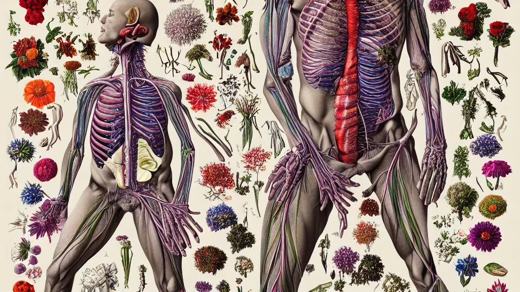 Image similar to highly detailed illustration of a human anatomy body exploded by all the known species of flowers by michael reedy